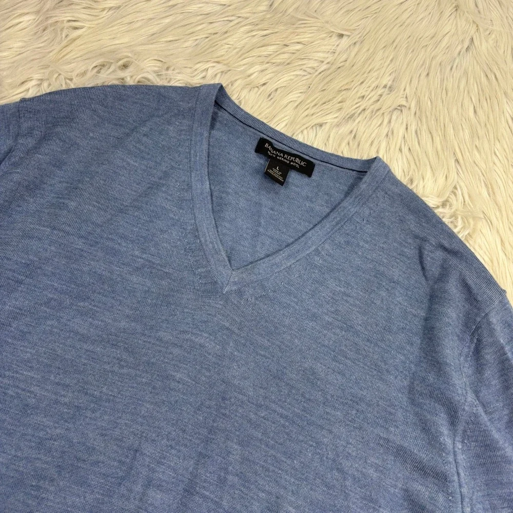 Banana Republic Men's L Blue 100% Merino Wool V-Neck Sweater Preppy Quiet Luxury